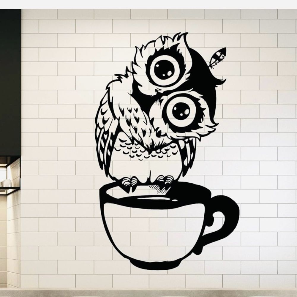 Round Wall Decal Cartoon Owl Cup of Tea / Coffee 14.6 x 22.4